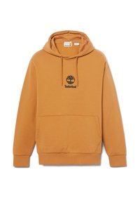 Oranžová mikina s kapucí vyrobená z měkké tkaniny, s přední kapsou na klokaní styl a černým logem Timberland potisknutým na hrudi.