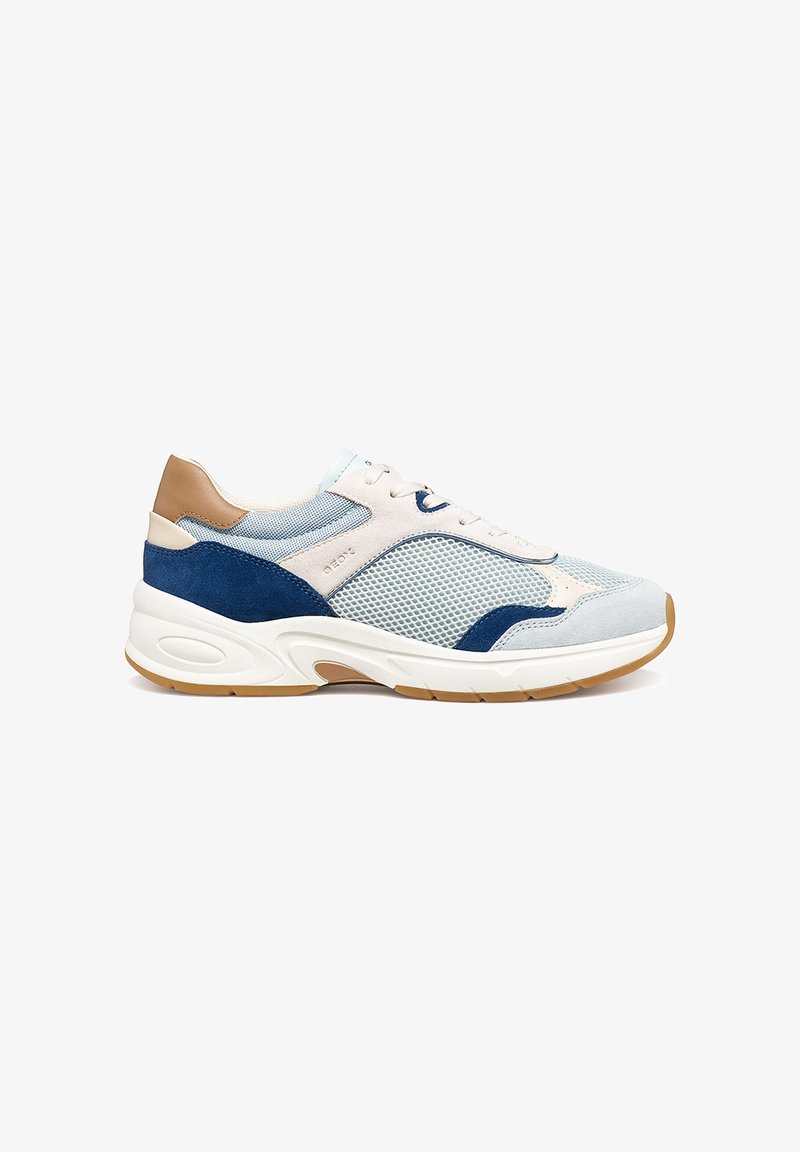 Low-top sneaker with white, beige, blue mesh fabric, suede accents, and a thick white sole with light brown tread, viewed from the side.