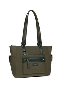 Groene stoffen boodschappentas met een gestructureerde vorm, dubbele handvaten en een voorzak met rits. Bevat leren accenten en stikdetails.
