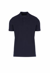 Polo shirt in cotone blu navy con maniche corte, colletto a maglia piatta, patta a tre bottoni e dettagli del logo sul petto.