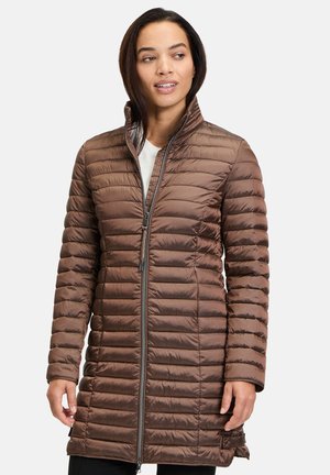 Brown puffer coat with vertical quilted pattern, high collar, and front zipper. Smooth texture with side pockets and slightly longer length.