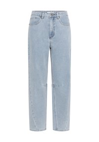 Světle modré džíny s vysokým pasem a rovnými nohavicemi, předními a zadními kapsami, zapínáním na knoflík a jemnými švy v oblasti kolen.