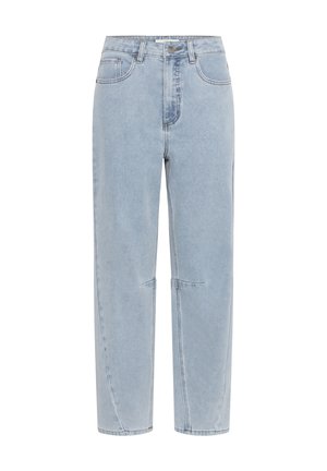 Jean bleu clair taille haute, coupe droite, avec poches avant et arrière, fermeture par bouton, et détails subtils de couture au niveau des genoux.