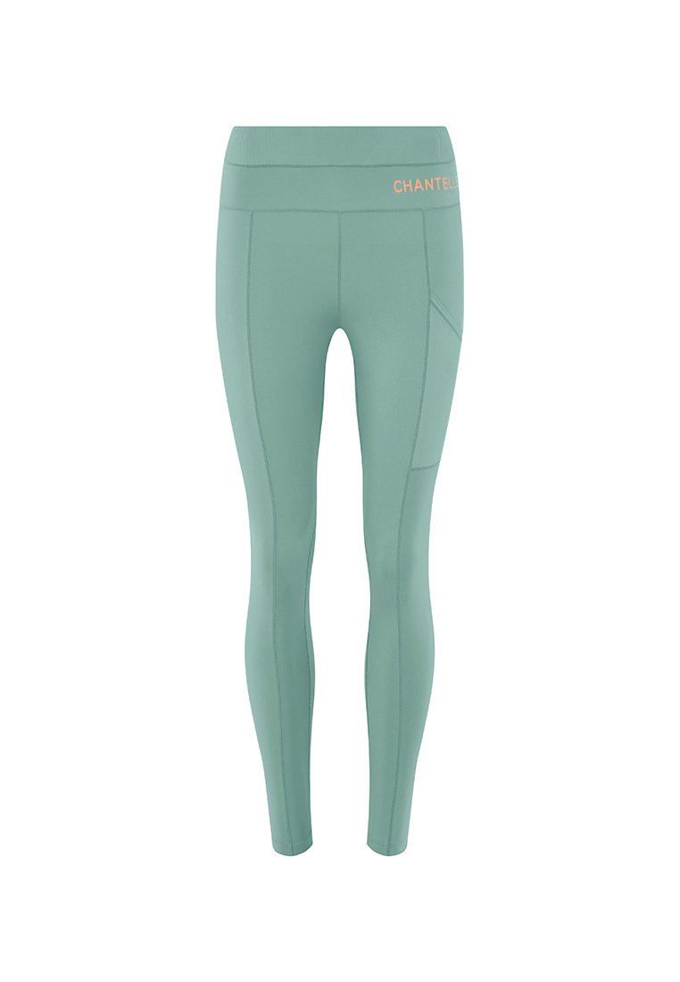 Leggings vert menthe avec une taille haute, une poche latérale et un logo orange contrastant. Texture lisse et design ajusté.