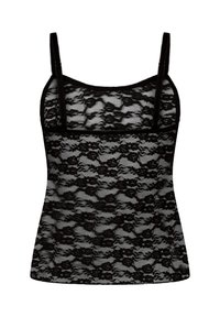 Μαύρο δαντελένιο καμησόλ με λεπτά λουλουδένια σχέδια, ρυθμιζόμενους ιμάντες και εφαρμοστή σχεδίαση. Μαλακή υφή με διαφανή κάλυψη.