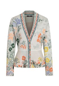 Cardigan floreale in maglia grigia chiara. Presenta un profondo scollo a V, bordi a contrasto e bottoni. Decorato con pattern floreali multicolori.