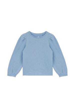 Chemise bleu clair à manches longues avec épaules bouffantes froncées et poignets élastiques, conçue pour les enfants.