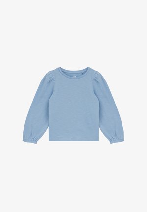 Chemise bleu clair à manches longues avec épaules bouffantes froncées et poignets élastiques, conçue pour les enfants.