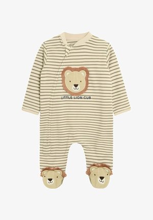 Raiščiai smėlio spalvos kūdikių bodis ilgomis rankovėmis, su liūto veido aplikacija ir tekstu "Mažas liūto jauniklis". Liūto galvos akcentai ant kojų.