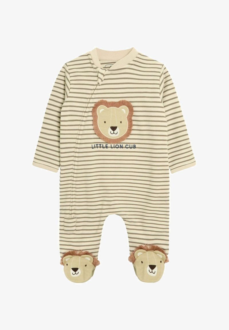Body per bambini a righe beige con maniche lunghe, caratterizzato da una patch a forma di faccia di leone e testo "Little Lion Cub". Accenti a forma di testa di leone sulle estremità dei piedi.