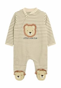 Combinaison beige rayée avec appliqué de tête de lion sur la poitrine et motifs de visage de lion sur les pieds. Tissu doux avec de longues manches et fermeture par pressions.