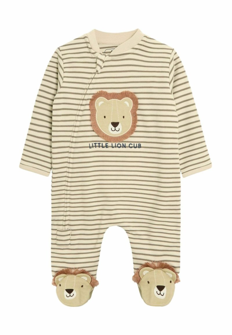 Combinaison beige rayée avec appliqué de tête de lion sur la poitrine et motifs de visage de lion sur les pieds. Tissu doux avec de longues manches et fermeture par pressions.