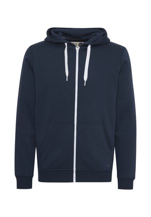 Marineblauwe zip-up hoodie van zacht stof, met een voorzak, witte trekkoorden en ribgebreide manchetten aan de uiteinden van de mouwen.