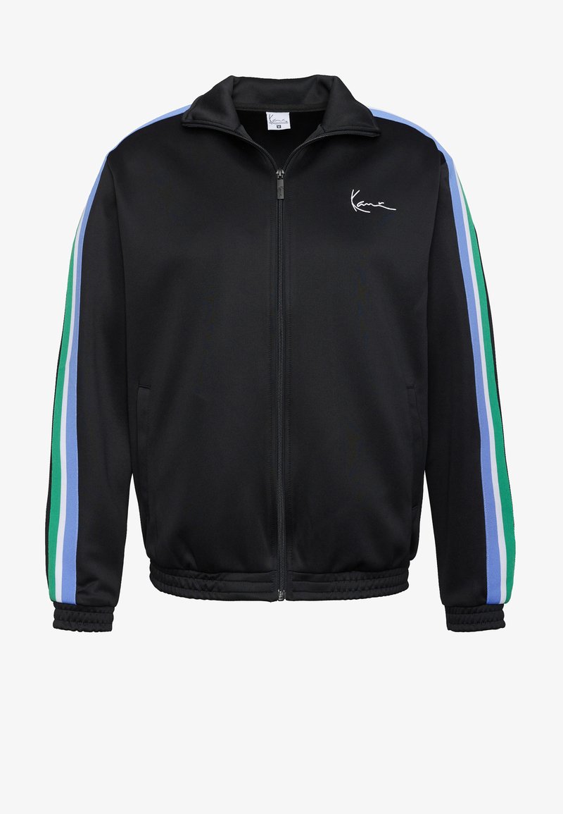 Melna rāvējslēdzēja jaka ar stāvu apkakli, uz piedurknēm zaļas, zilas un gaiši zilas svītras. Gluda tekstūra ar elastīgām aprocēm.