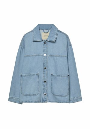 Light blue denim jacket featuring a collared neckline, front snap closure, two large patch pockets, and visible stitching details.