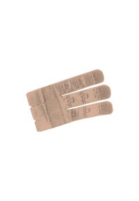 Beige fingerless handskar i mjukt tyg, med texturerade mönster och tre justerbara remmar för en säker passform.
