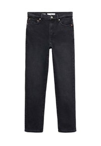 Jean noir droit avec cinq poches, fermeture par bouton et zip, et coutures visibles sur fond blanc.