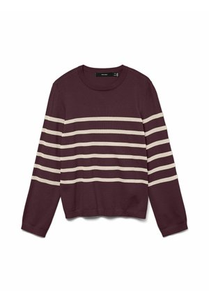 Pull marin avec des manches longues, présentant des rayures horizontales crème sur la poitrine et les bras. Texture tricot lisse et encolure ronde.