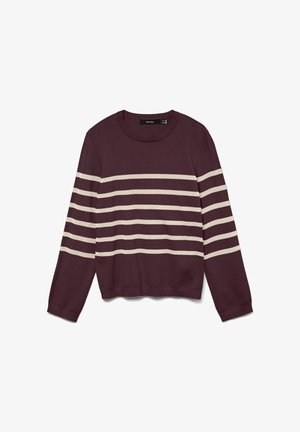 Bordo pulover dugih rukava, s kremastim horizontalnim prugama preko grudnog dijela i ruku. Glatka pletena tekstura i okrugli izrez.