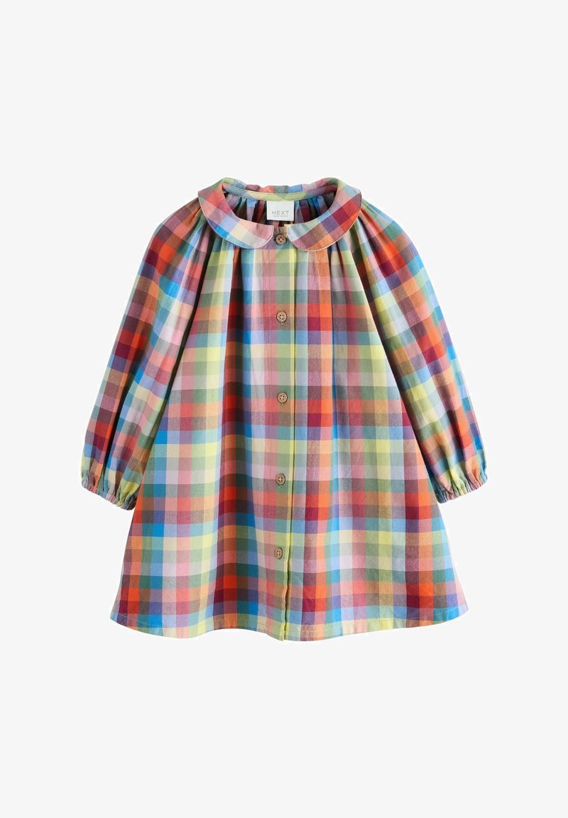 Long-sleeve toddler dress with multicolored plaid pattern, round collar, front button closure, and elastic cuffs.