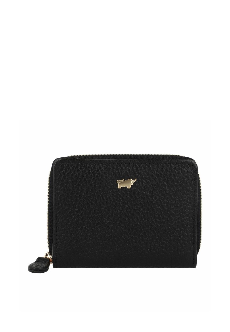Portafoglio in pelle nera con superficie texturizzata, zip dorata e piccolo logo di un animale dorato sul davanti. Design compatto e rettangolare con chiusura a zip.