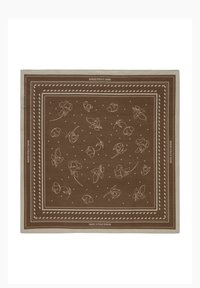 Quadratischer brauner Schal mit weißen Blumenmustern und Polka-Dots. Mit einem eingefassten Rand versehen. Das Material wirkt weich und strukturiert.