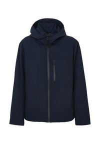 Marineblaues Jacket mit Kapuze, Frontreißverschluss und Brusttasche. Glatte Textur und minimalistisches Design ohne sichtbare Muster oder Akzente.