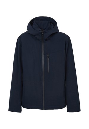 Giacca blu navy con cappuccio, chiusura frontale con zip e tasca sul petto. Trama liscia e design minimalista senza motivi o accenti visibili.