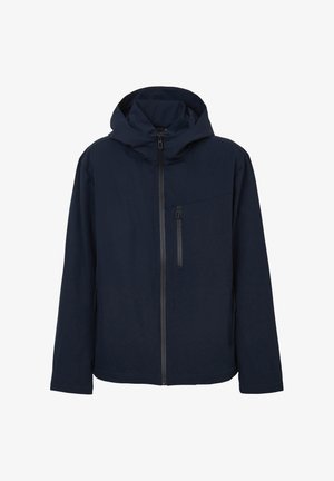 Giacca blu navy con cappuccio, chiusura frontale con zip e tasca sul petto. Trama liscia e design minimalista senza motivi o accenti visibili.