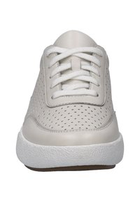Light gray sneaker with perforated leather upper, flat white laces, and a textured white rubber sole. Round toe design with minimal branding.