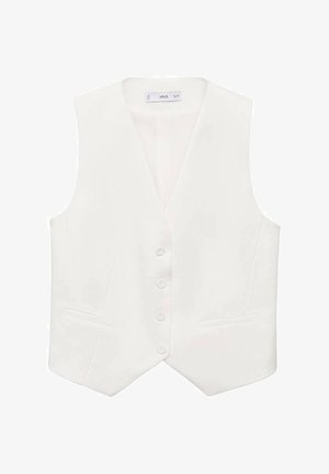 White sleeveless vest made of smooth fabric, featuring a classic V-neck, five buttons, and two side pockets. Simple tailored design.