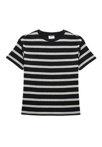 Czarny i szary, pasiasty t-shirt z krótkim rękawem, o prążkowanej fakturze i okrągłym dekolcie. Widok z przodu, bez dodatkowych szczegółów czy zdobień.