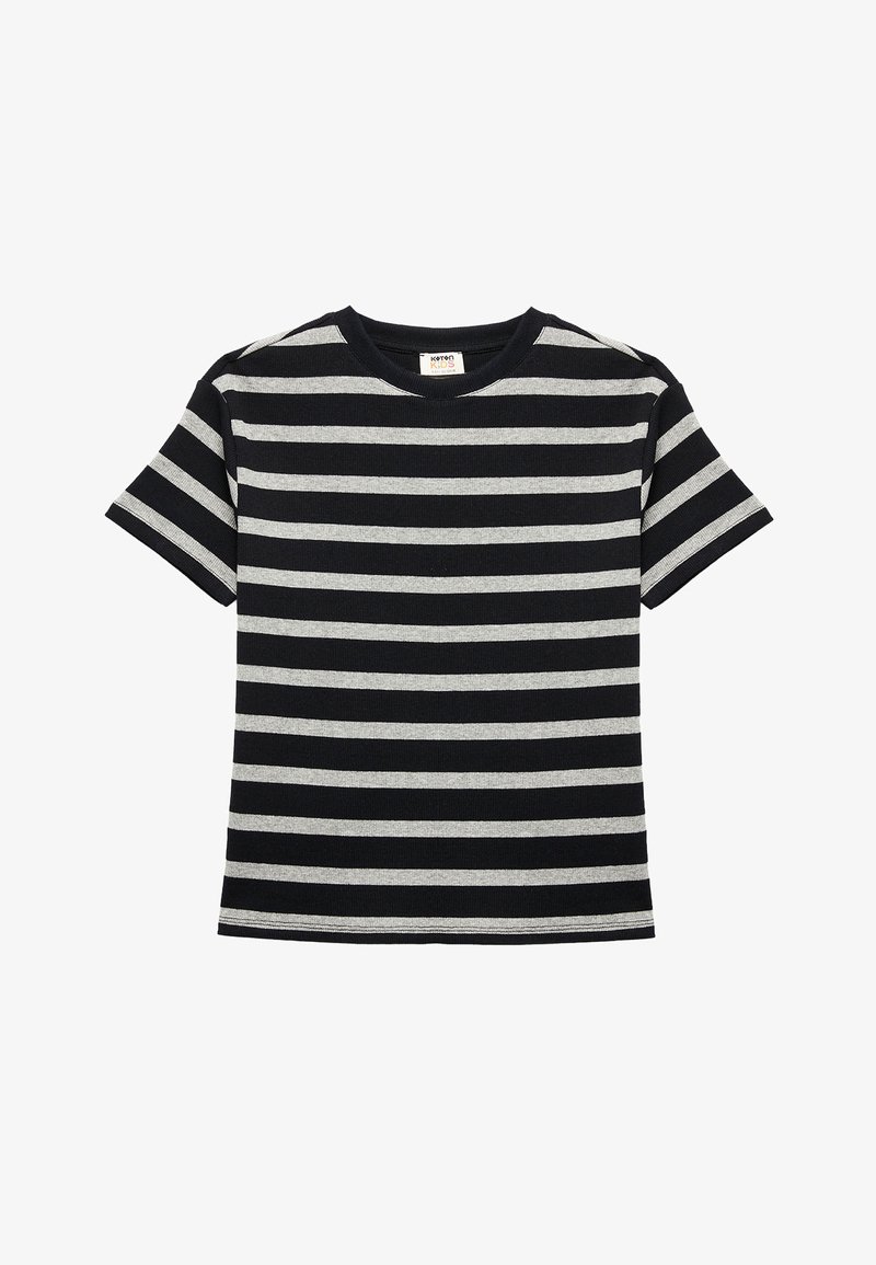 Zwart en grijs gestreept T-shirt met korte mouwen, geribbelde textuur en een ronde halslijn. Voorkantweergave, geen extra details of versieringen.