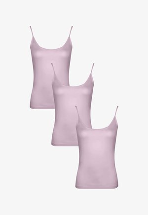 Three identical light purple women's sleeveless camisole tops with thin straps, arranged overlapping against a white background.