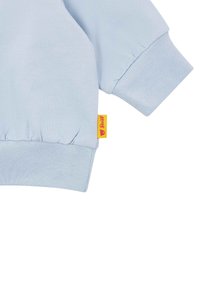 Felpa azzurro chiaro con polsini a costine, caratterizzata da un piccolo etichetta gialla con logo di orso. Morbido al tatto, orlo elasticizzato per una vestibilità aderente.