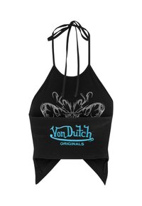 Sorte bomull halter-top med grafisk sølvdesign og turkis "Von Dutch Originals"-logo på forsiden, med kryssryggstropper.