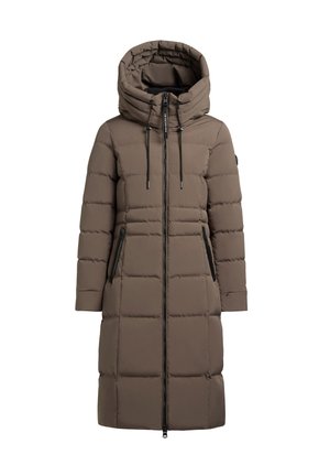 Langer Puffer-Mantel in dunklem Taupe mit hohem Kragen, verstellbaren Kordeln und seitlichen Reißverschlusstaschen. Ausgestattet mit Stepppolsterung und geradem Schnitt.