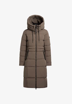 Langer Puffer-Mantel in dunklem Taupe mit hohem Kragen, verstellbaren Kordeln und seitlichen Reißverschlusstaschen. Ausgestattet mit Stepppolsterung und geradem Schnitt.