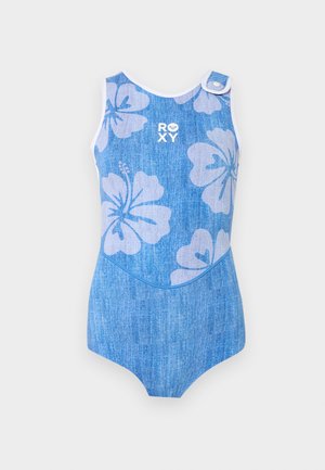 Blue floral-patterned sleeveless swimsuit with white trim and a snap button on the shoulder, featuring the "ROXY" logo on the chest.