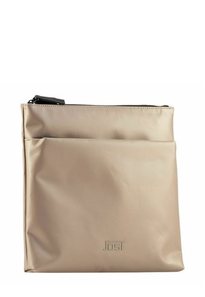 Borsa impermeabile beige con una texture liscia, chiusura con zip superiore e tasca esterna. Presenta un logo in rilievo sul fronte.
