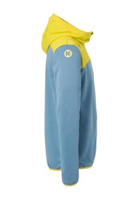 Sudadera bicolor con capucha amarilla y parte superior del pecho, mangas y cuerpo azul claro, puños elásticos y un logo circular "K" en la parte superior de la manga.