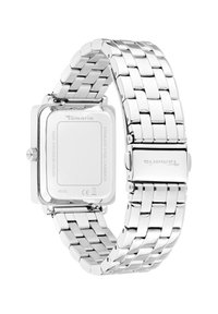 Silberner Edelstahl-Armbanduhr mit rechteckigem Gehäuse, verknüpftem Armband und glatter Oberfläche. Wasserbeständig bis zu 3 ATM.