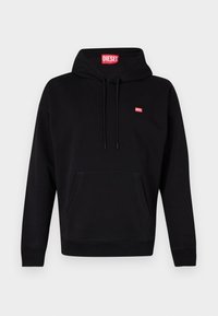 Čierna mikina z bavlny. Obsahuje predné vrecko, šnúrku na stiahnutie a malé bielo-červené logo na hrudi. Klasický strih.