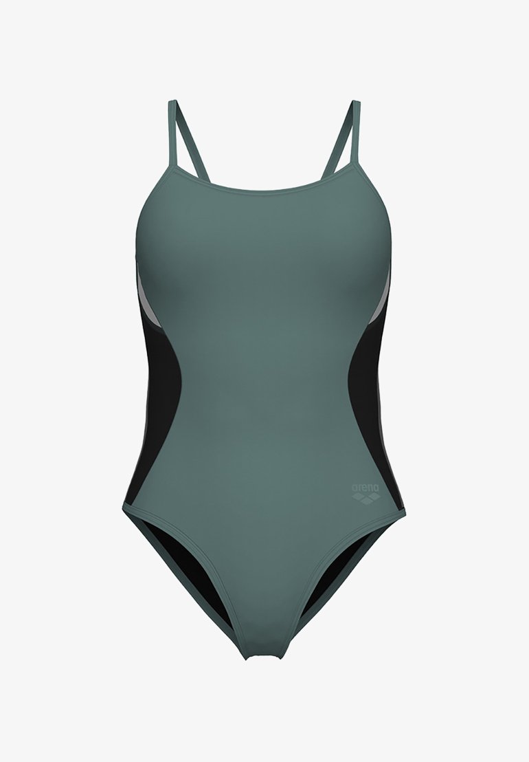 Maillot de bain une pièce de couleur vert foncé avec des panneaux latéraux noirs, des bretelles fines et une coupe ajustée. Fabriqué en matériau lisse et extensible.
