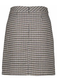 Jupe taille haute en forme trapèze avec motif pied-de-poule beige, noir et bleu et poches avant.