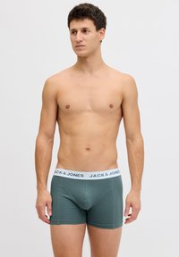 Ανδρικά πράσινα εσώρουχα τύπου trunk από βαμβάκι, με λευκή ελαστική μέση και μπλε γράμματα, σχεδιασμένα για εφαρμογή που αγκαλιάζει.