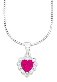 Collana in argento con pendente a forma di cuore in pietra preziosa rosa acceso, con un cabochon scallop e una finitura liscia e lucida.