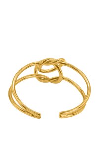 Armband aus goldfarbenem Metall mit verflochtenem Design, das glattes Metall und offene Enden für eine verstellbare Passform aufweist. Schlichte, moderne geometrische Form.