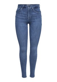Jean skinny bleu taille haute avec bouton et fermeture éclair à l'avant, design à cinq poches, et détails légèrement délavés sur les cuisses et les genoux.