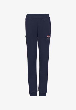 Marineblaue Sweatpants aus weichem Stoff mit einem elastischen Bund, ausgestattet mit einem weißen und roten Fila-Logo auf dem linken Oberschenkel.